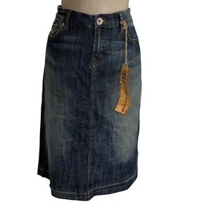 IT Jeans Los Angeles Denim Midi Skirt Distressed Frayed Hem Blue Size 30